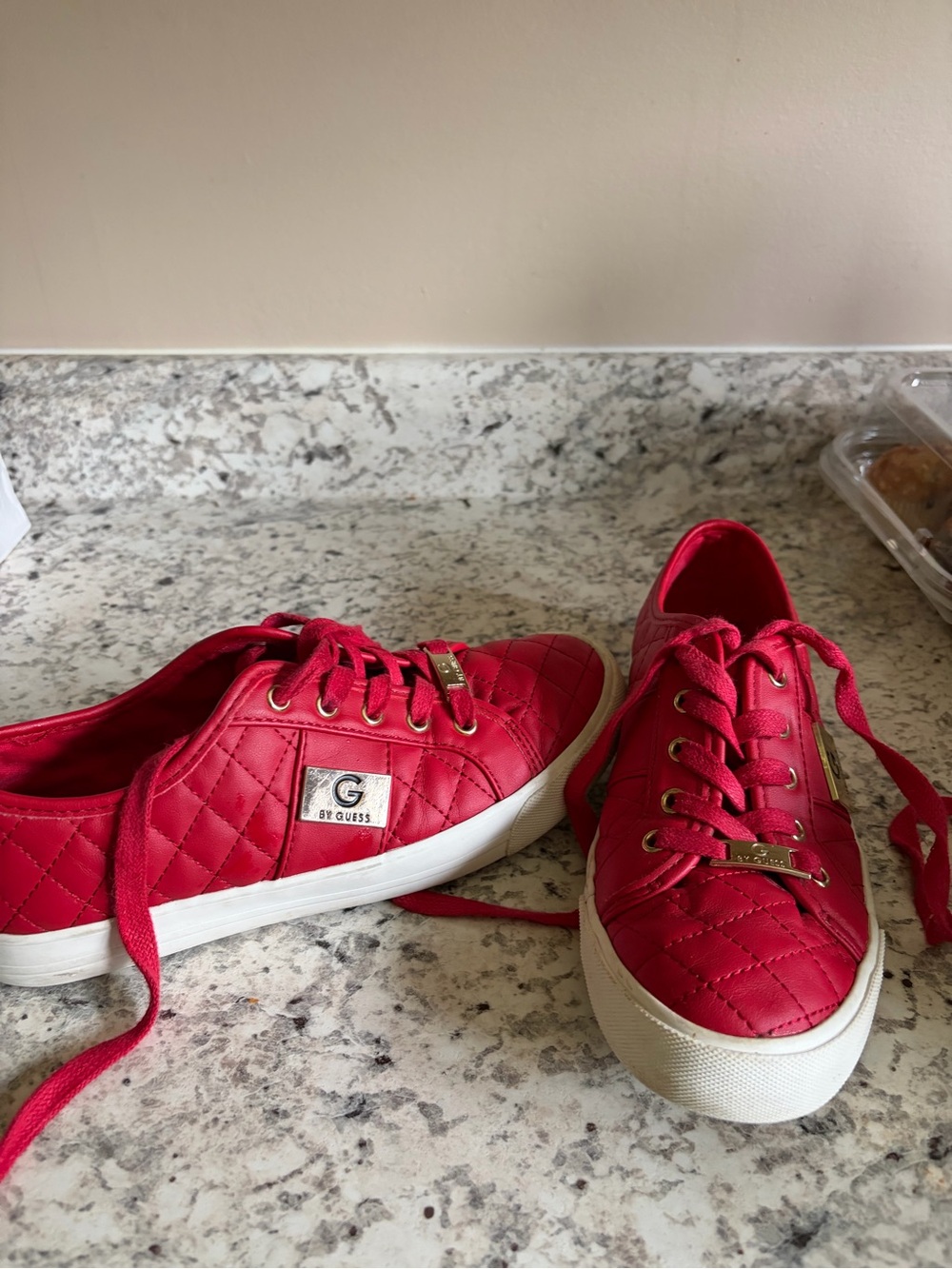 Guess Red Quilted Lace-Up Sneakers with Gold Accents